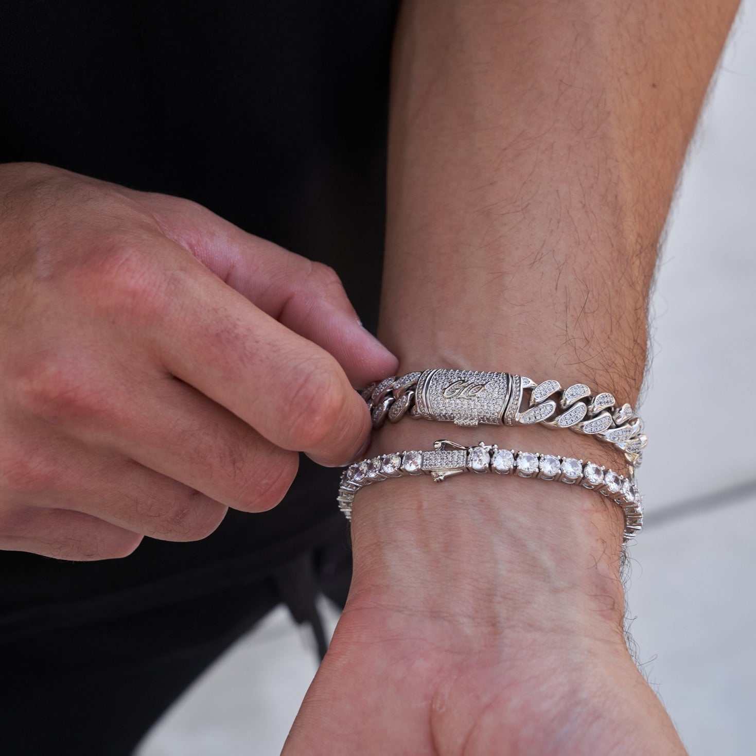 12mm Diamond Cuban + 5mm Tennis Bracelets Bundle - White Gold - Image 3