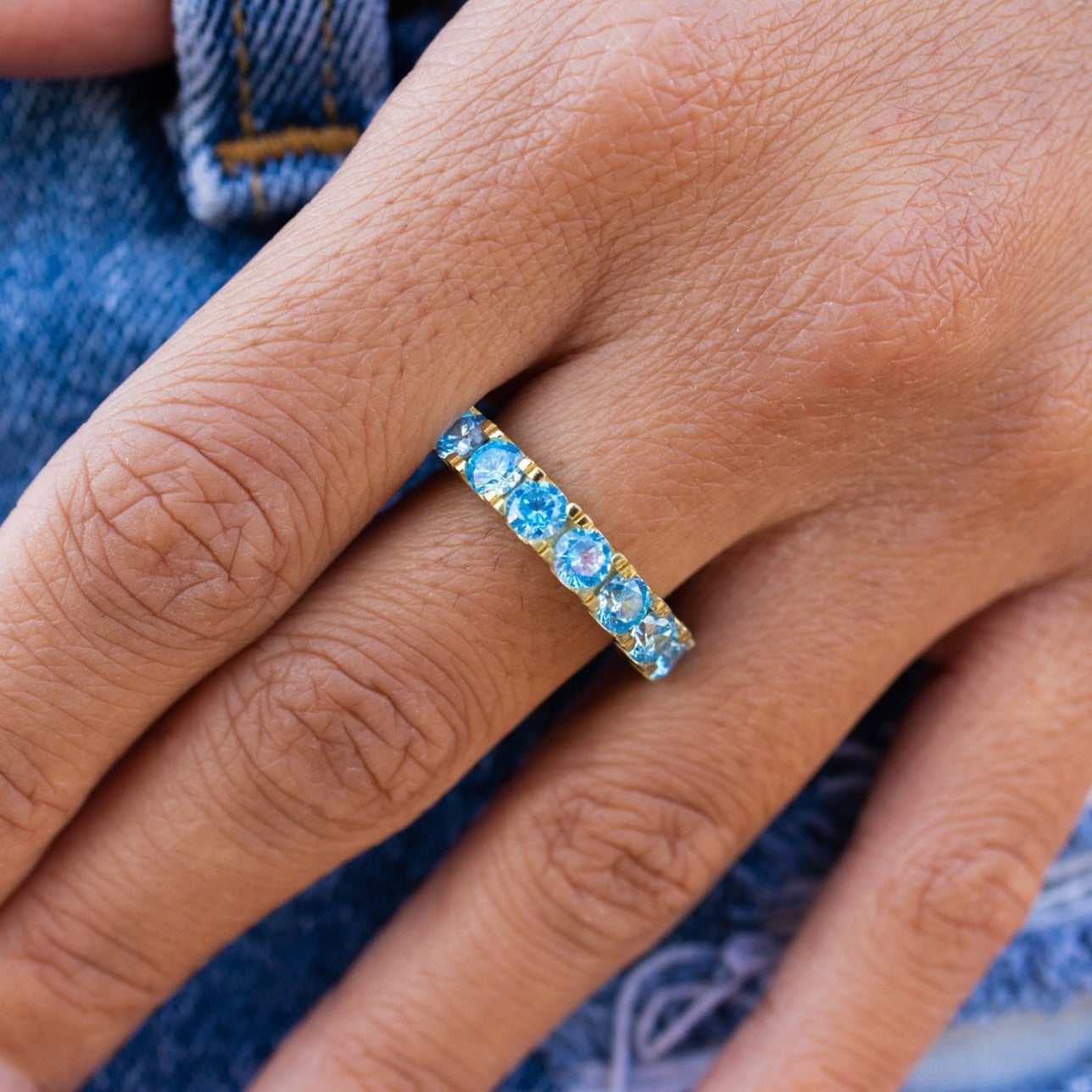 4mm Single Layer Diamond Band Ring w/ Blue Stones - Yellow Gold Vermeil - Image 2