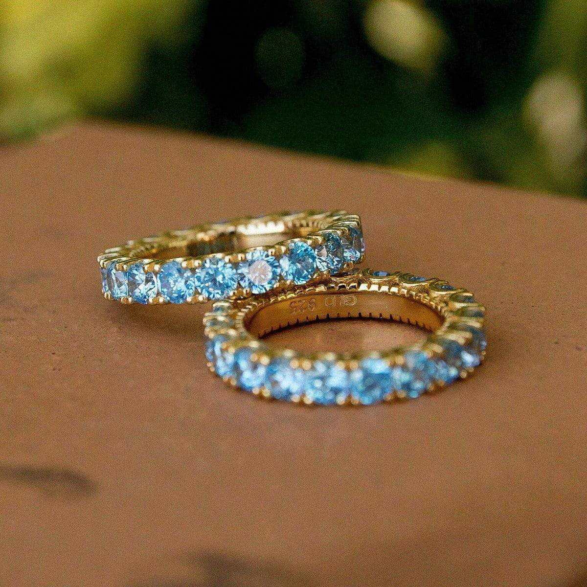 4mm Single Layer Diamond Band Ring w/ Blue Stones - Yellow Gold Vermeil - Image 4