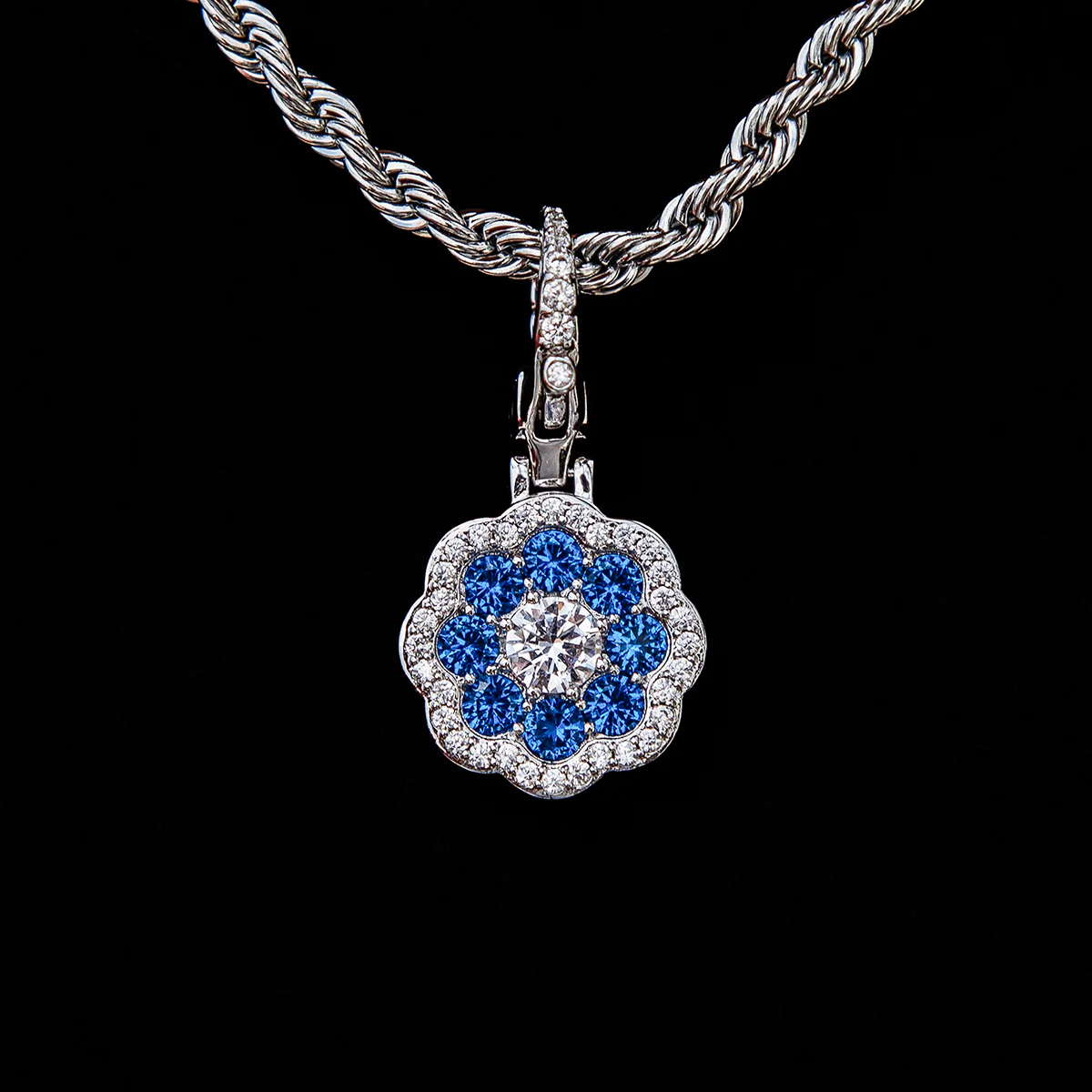 Blue Flower Clip On Pendant - White Gold