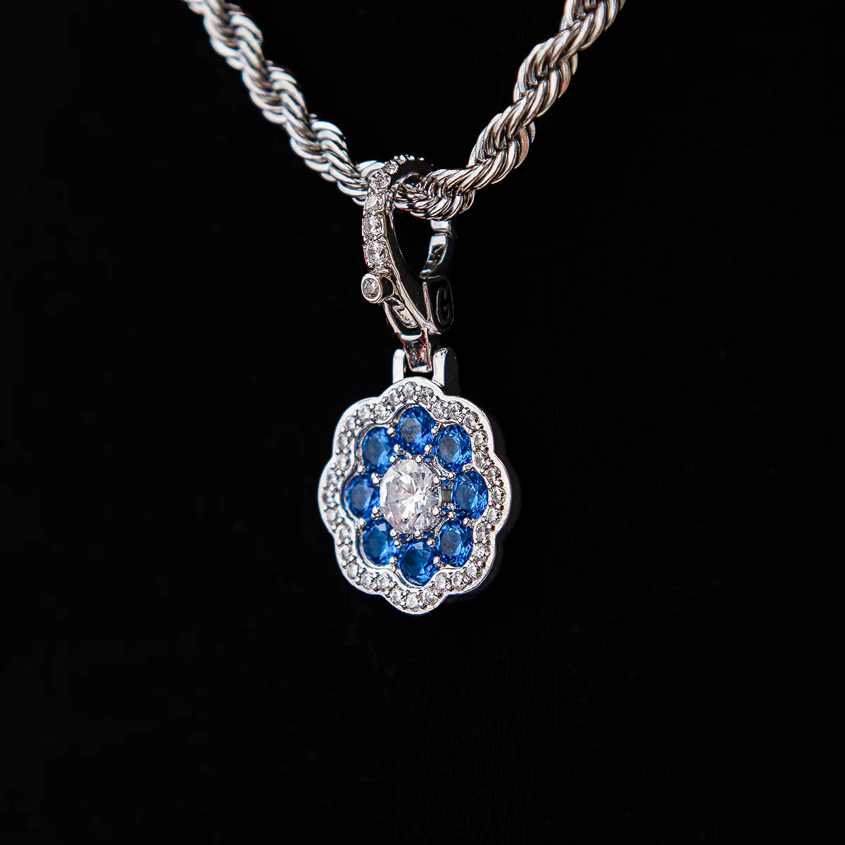 Blue Flower Clip On Pendant - White Gold - Image 2