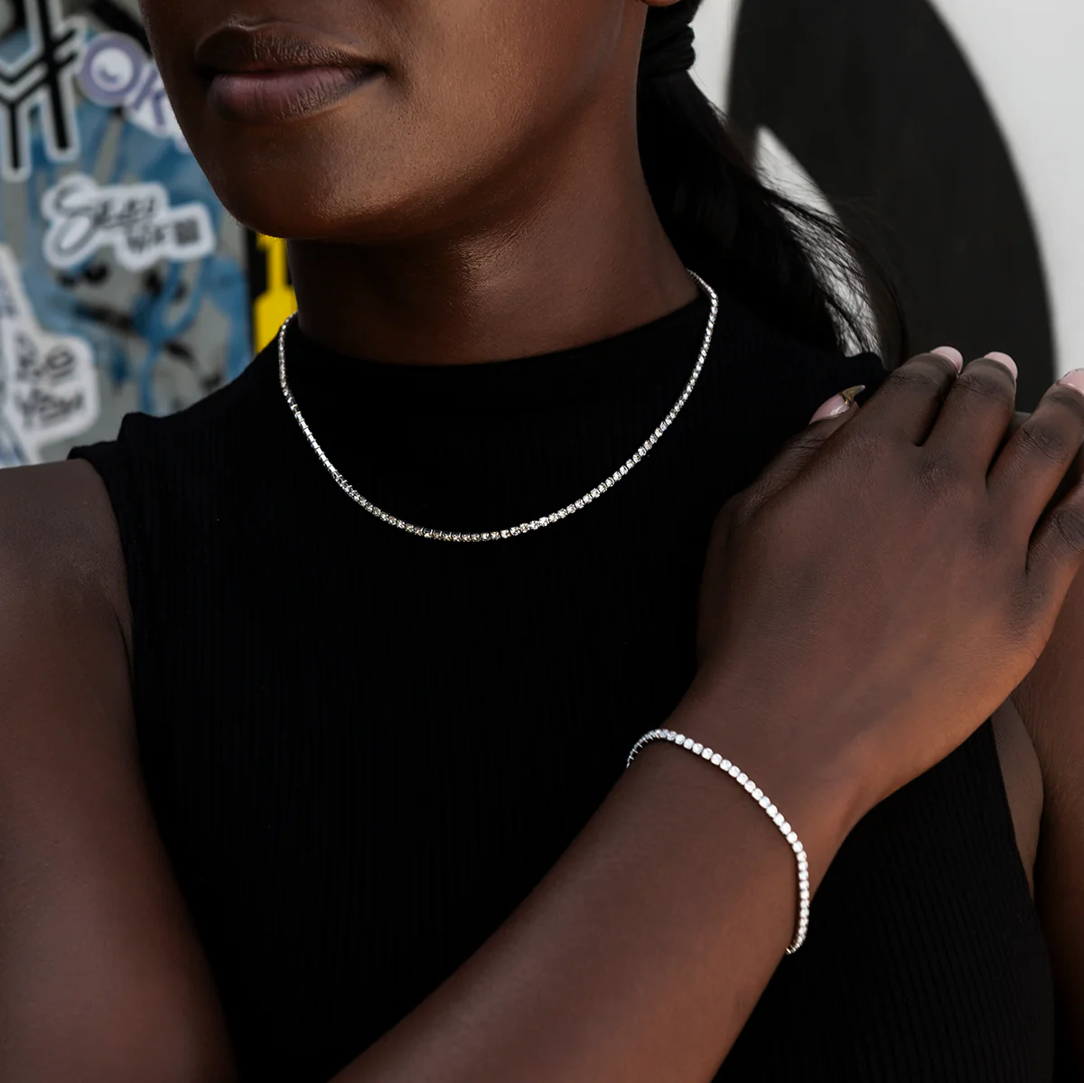 Complete Mini Tennis Essential Set - Adjustable Necklace + Bracelet with GLD Pouch in White or Yellow Gold - Perfect Gift Set