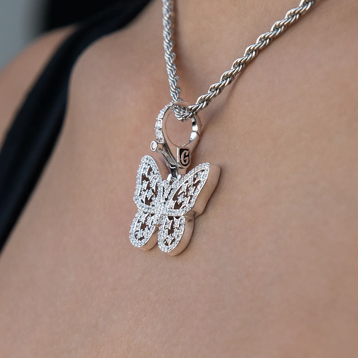 Diamond Butterfly Clip On Charm Pendant in White Gold - Image 3