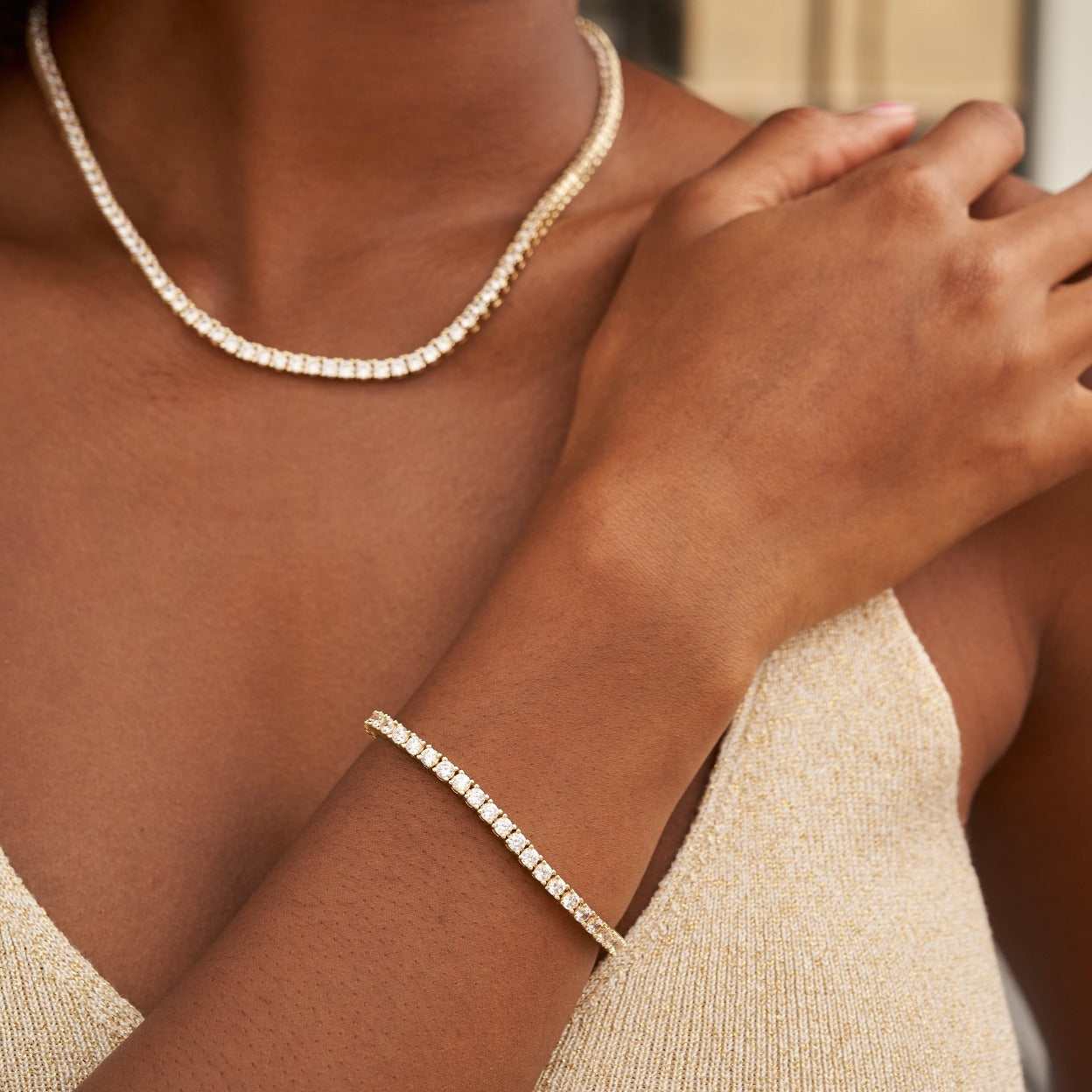 Diamond Tennis Necklace + Bracelet Bundle in Yellow Gold- 3mm - Image 4