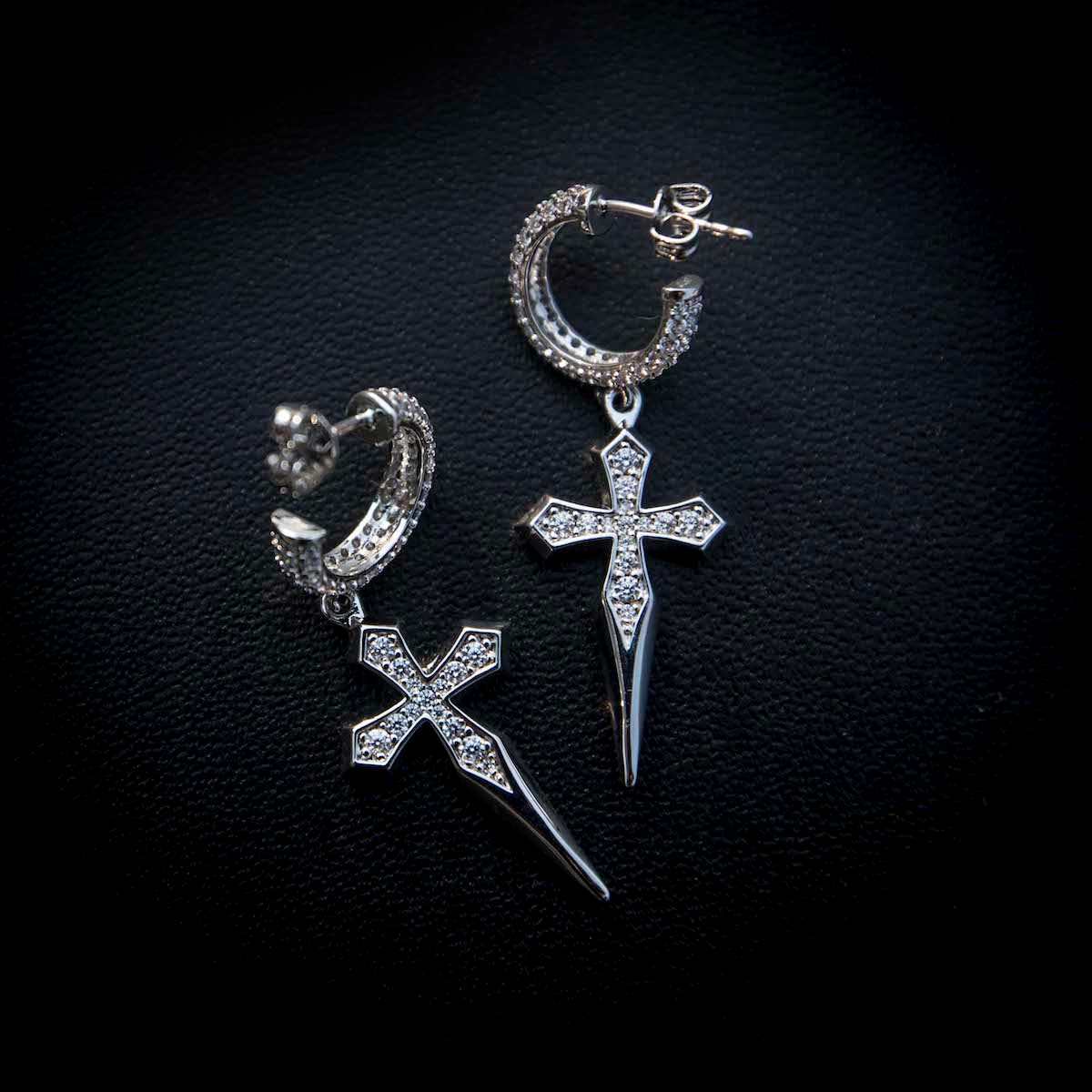 Dripping Cross Extra Small Huggie Hoop Earrings in White Gold - Image 3