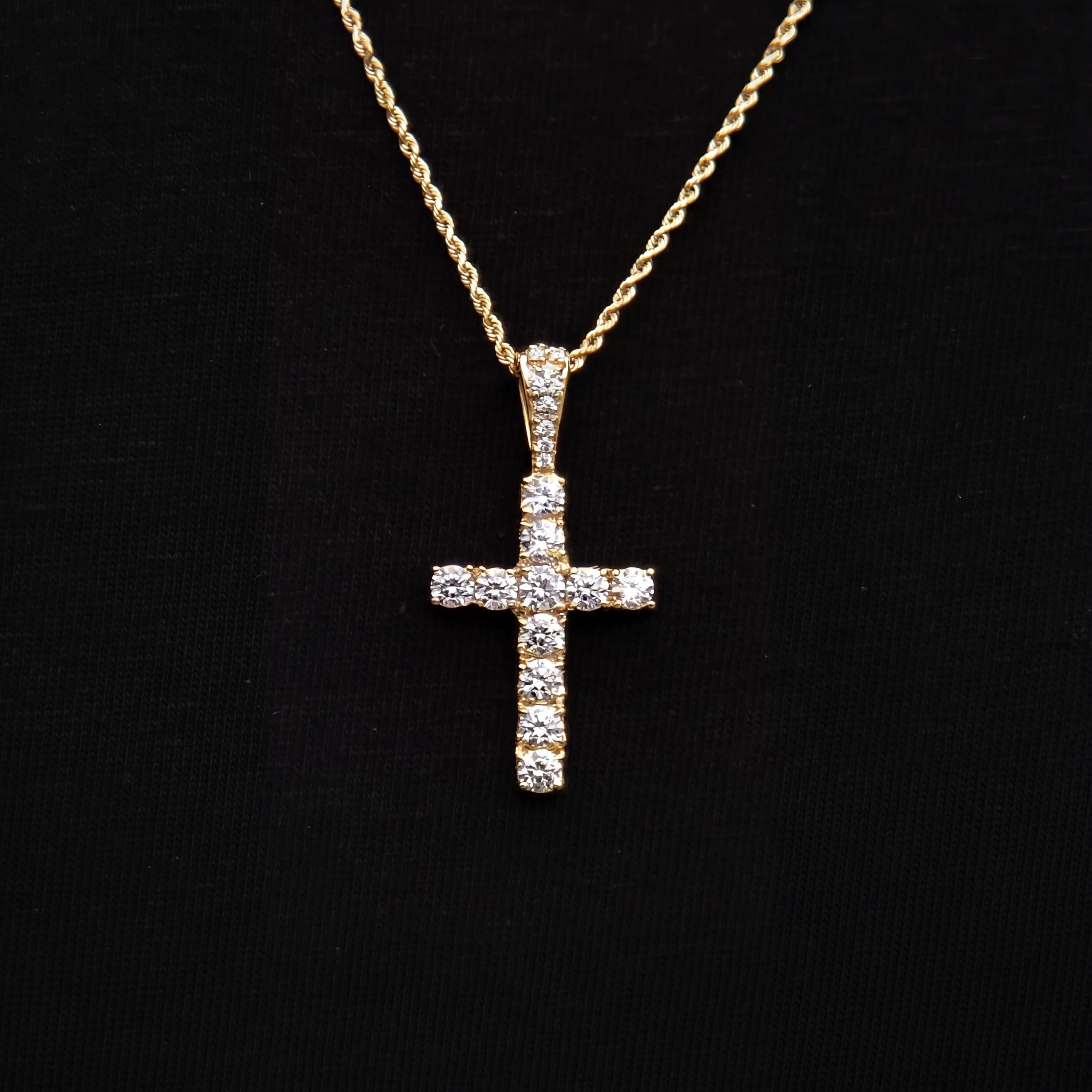 Micro Diamond Cross Pendant + 2MM Rope Chain Bundle in Yellow Gold