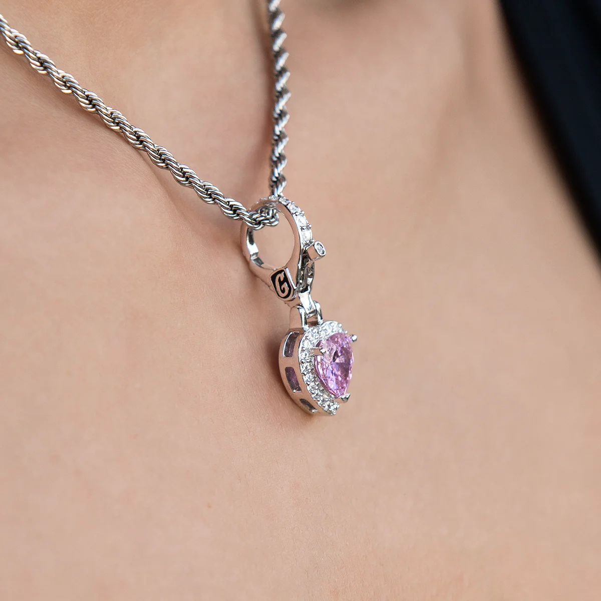 Micro Iced Pink Heart Clip On Charm Pendant in White Gold - Image 2