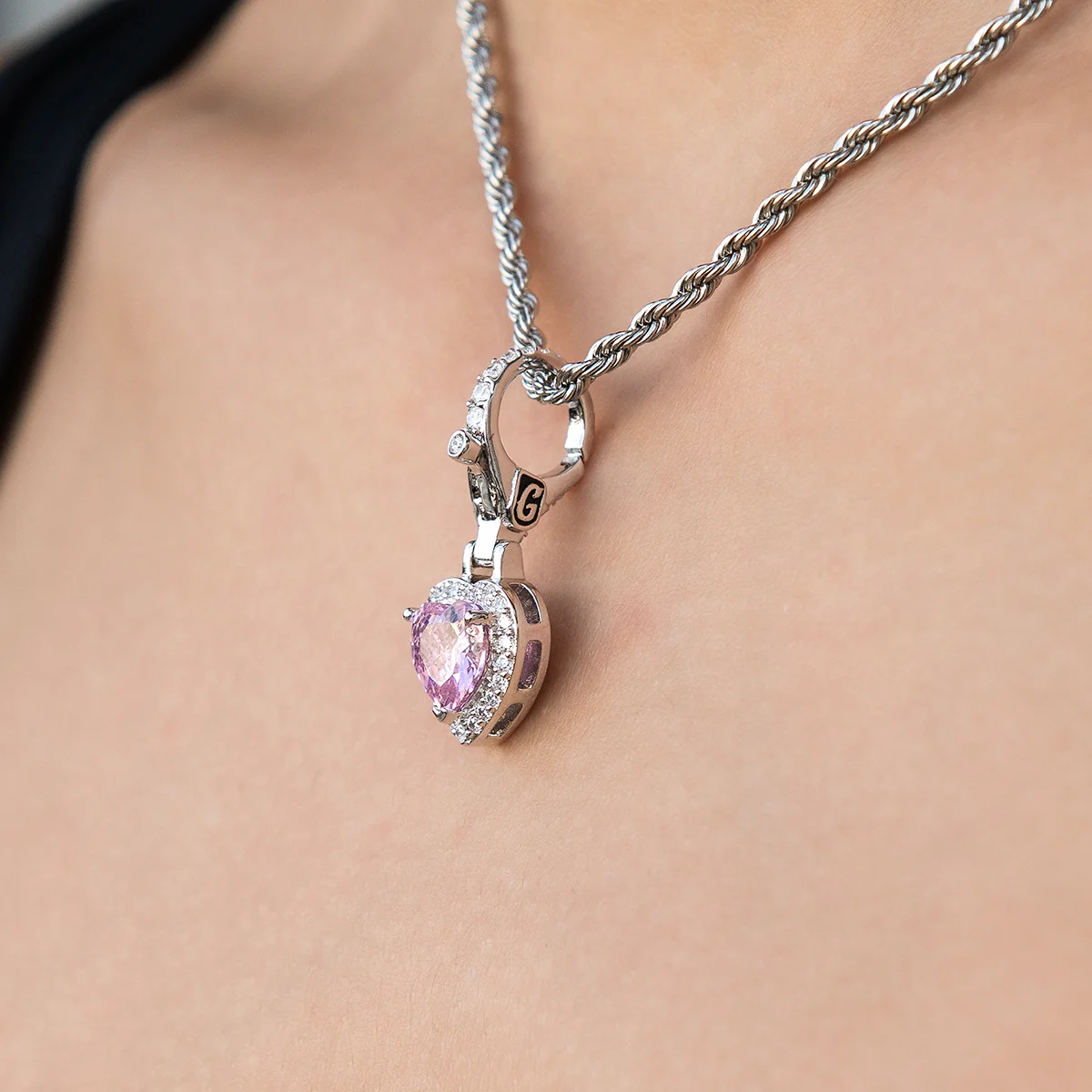 Micro Iced Pink Heart Clip On Charm Pendant in White Gold - Image 3