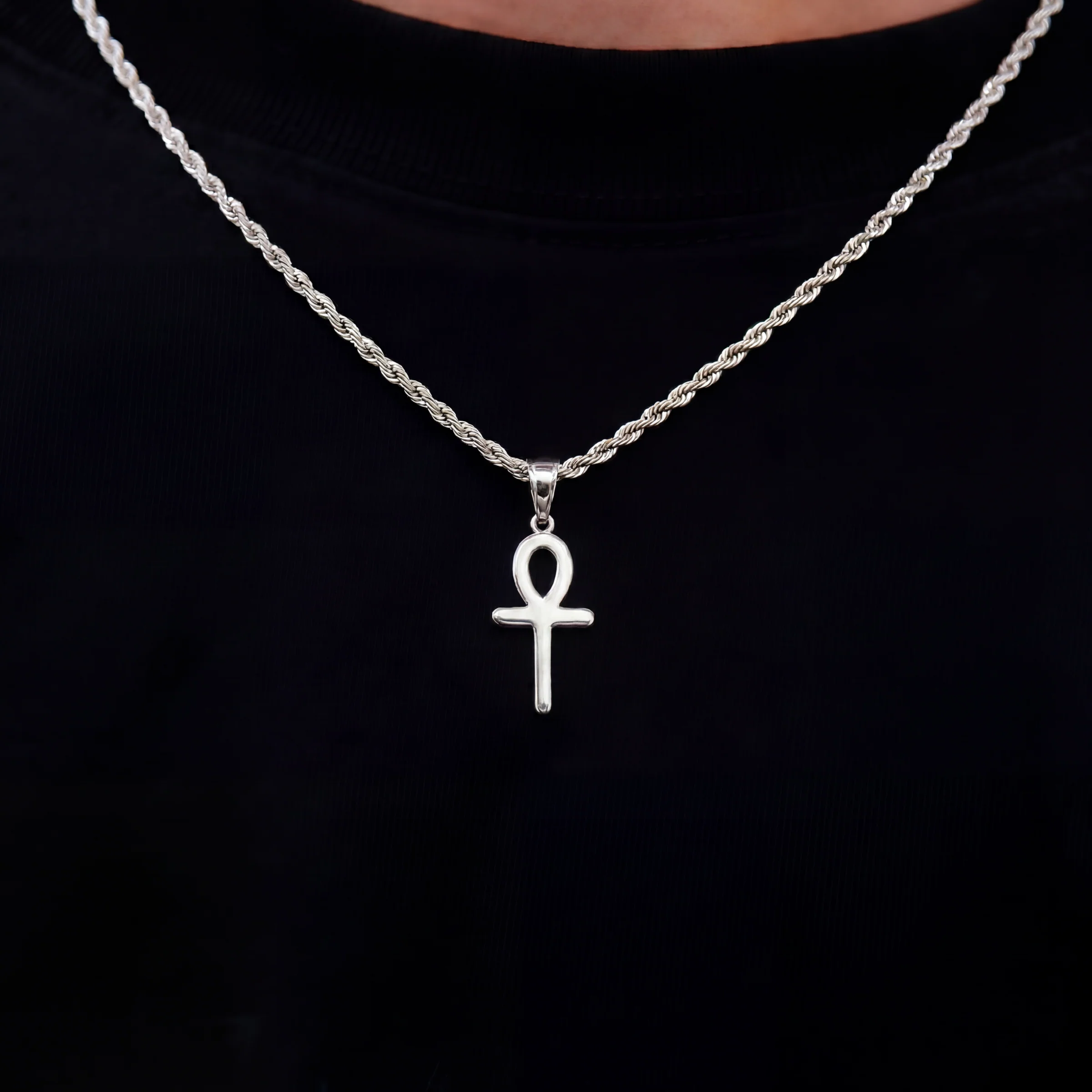 Micro Simple Ankh Cross Pendant + 2MM Rope Chain Bundle in White Gold