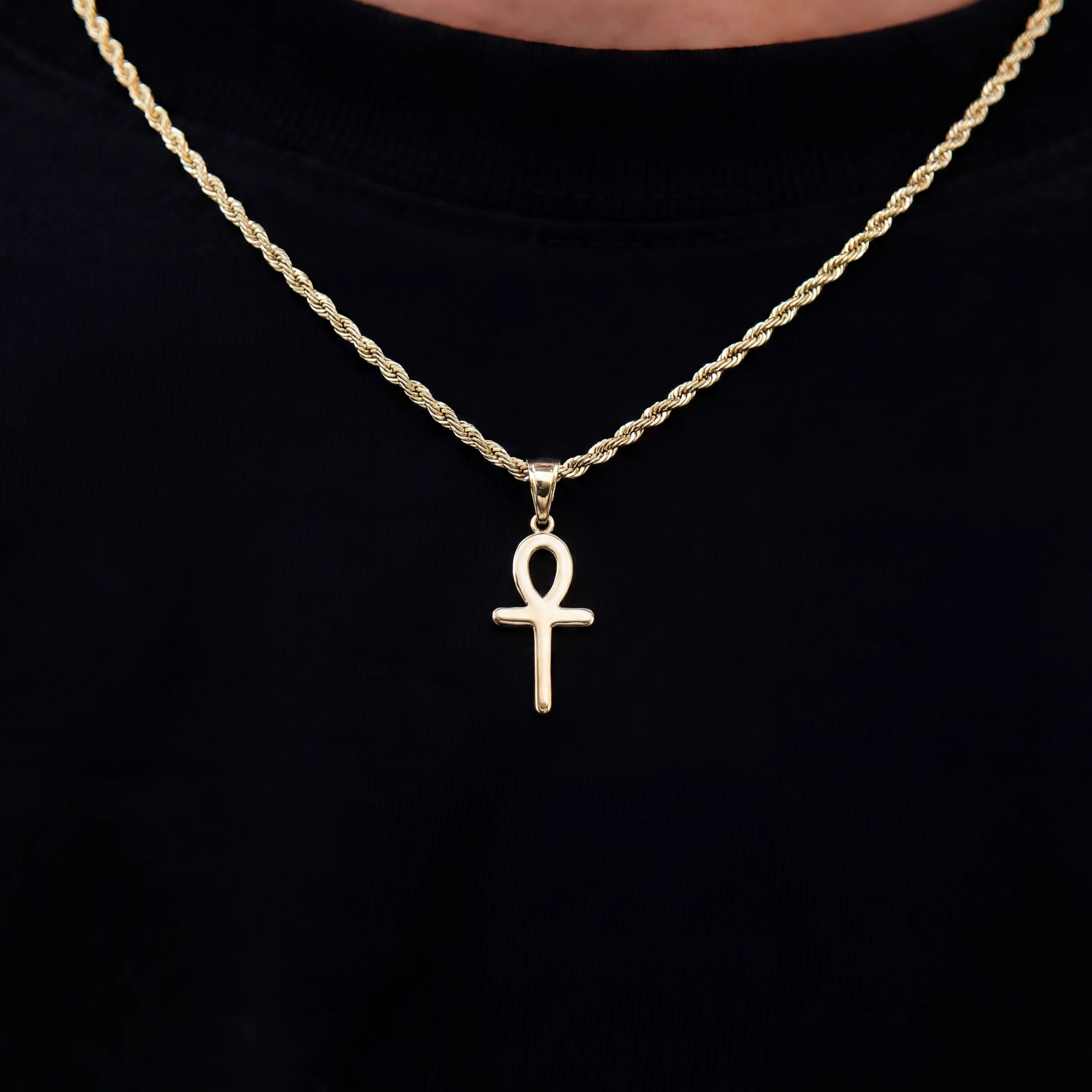 Micro Simple Ankh Cross Pendant + 2MM Rope Chain Bundle in Yellow Gold