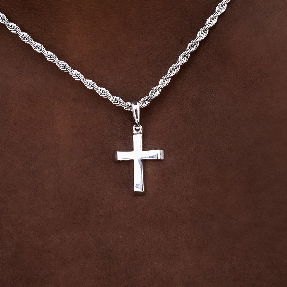 Micro Simple Cross Pendant + 2MM Rope Chain Bundle in White Gold - Image 2