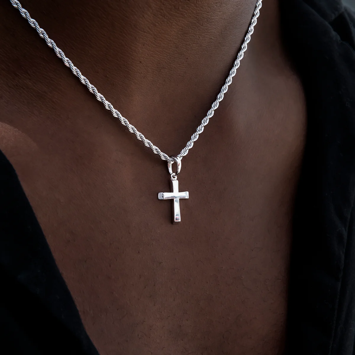 Micro Simple Cross Pendant + 2MM Rope Chain Bundle in White Gold - Image 3