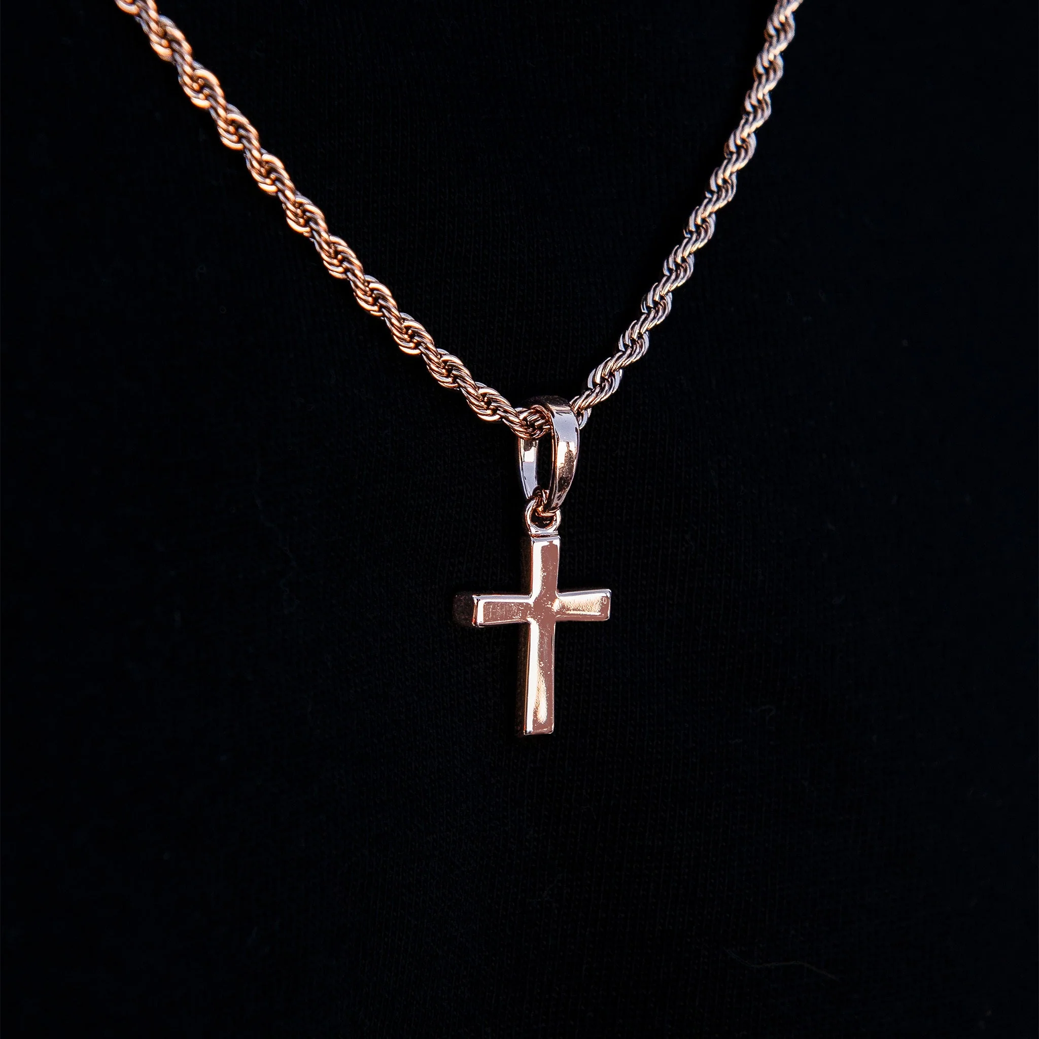 Micro Simple Cross Pendant + 2MM Rope Chain Bundle in Rose Gold