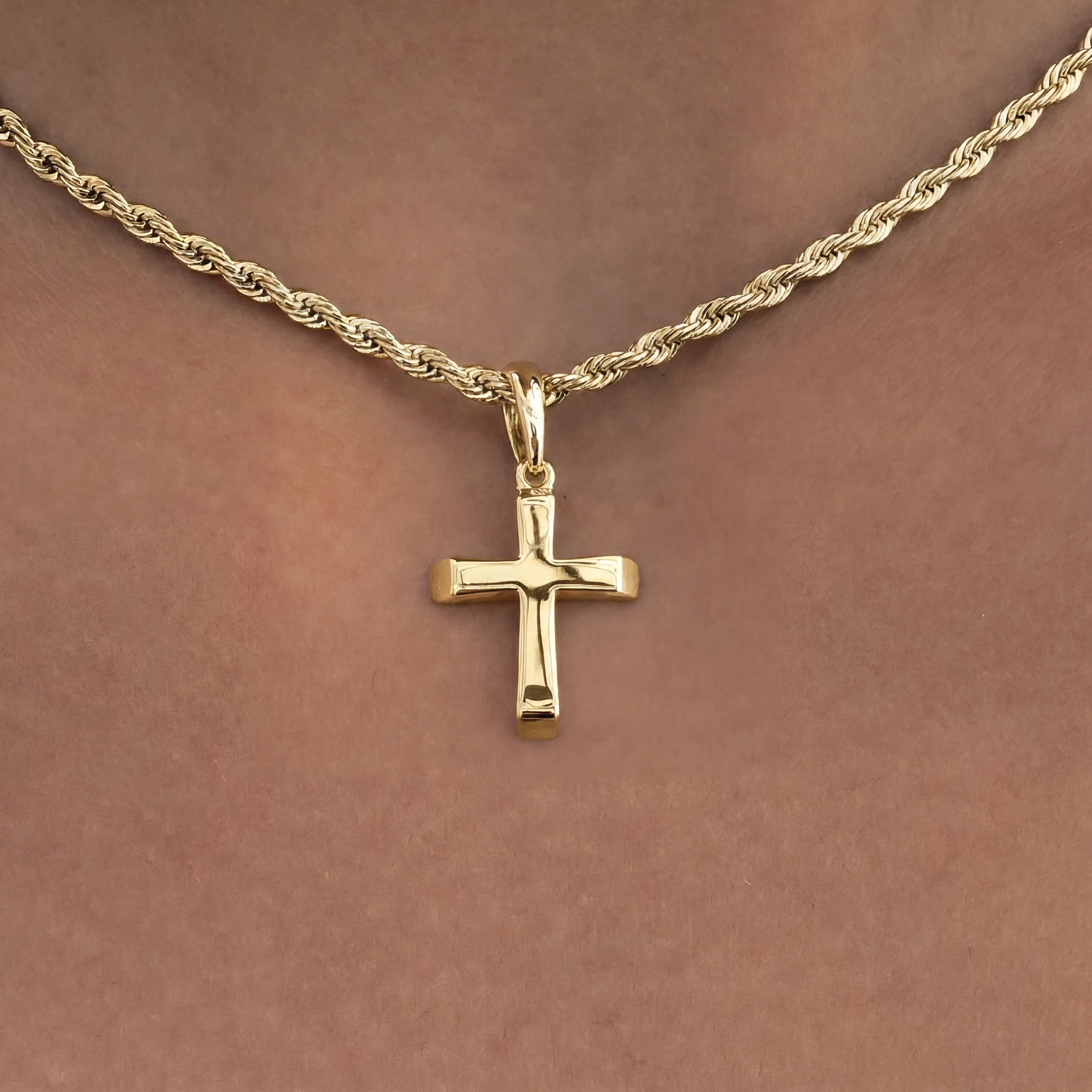 Micro Simple Cross Pendant + 2MM Rope Necklace Bundle in Yellow Gold