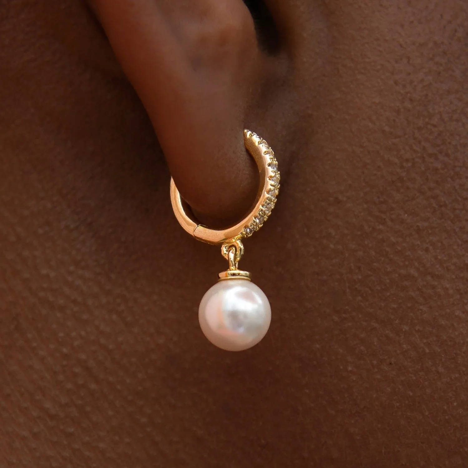 Pave Extra Small Huggie Hoop Pearl Drop Earrings in Yellow Gold - Image 3