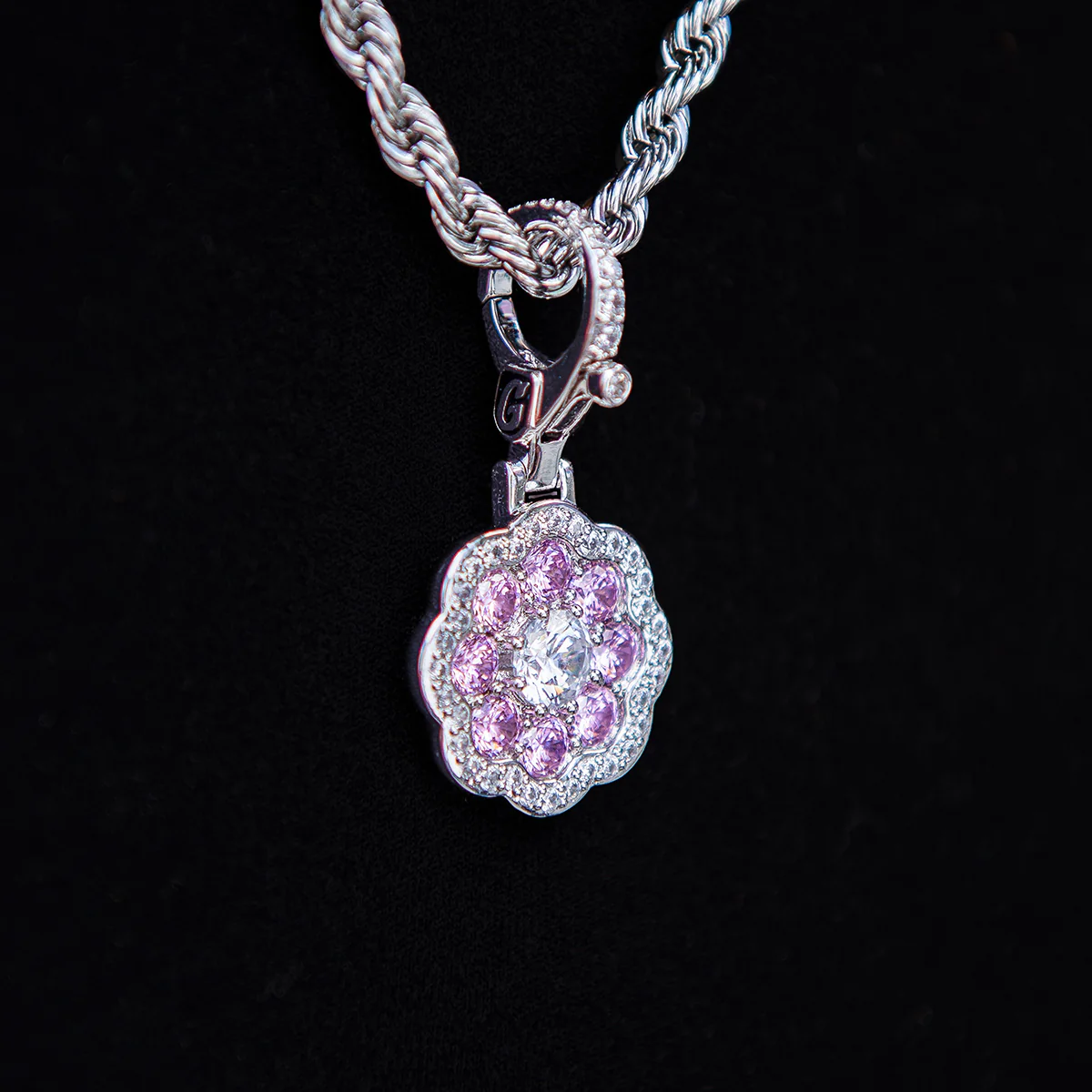 Pink Flower Stone Clip On Pendant - White Gold - Image 2