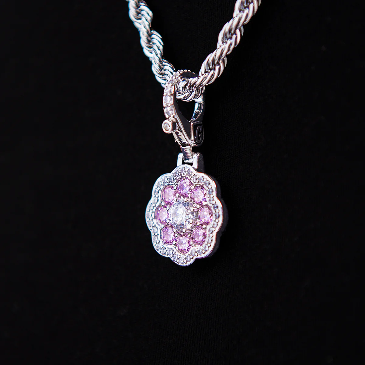 Pink Flower Stone Clip On Pendant - White Gold - Image 3