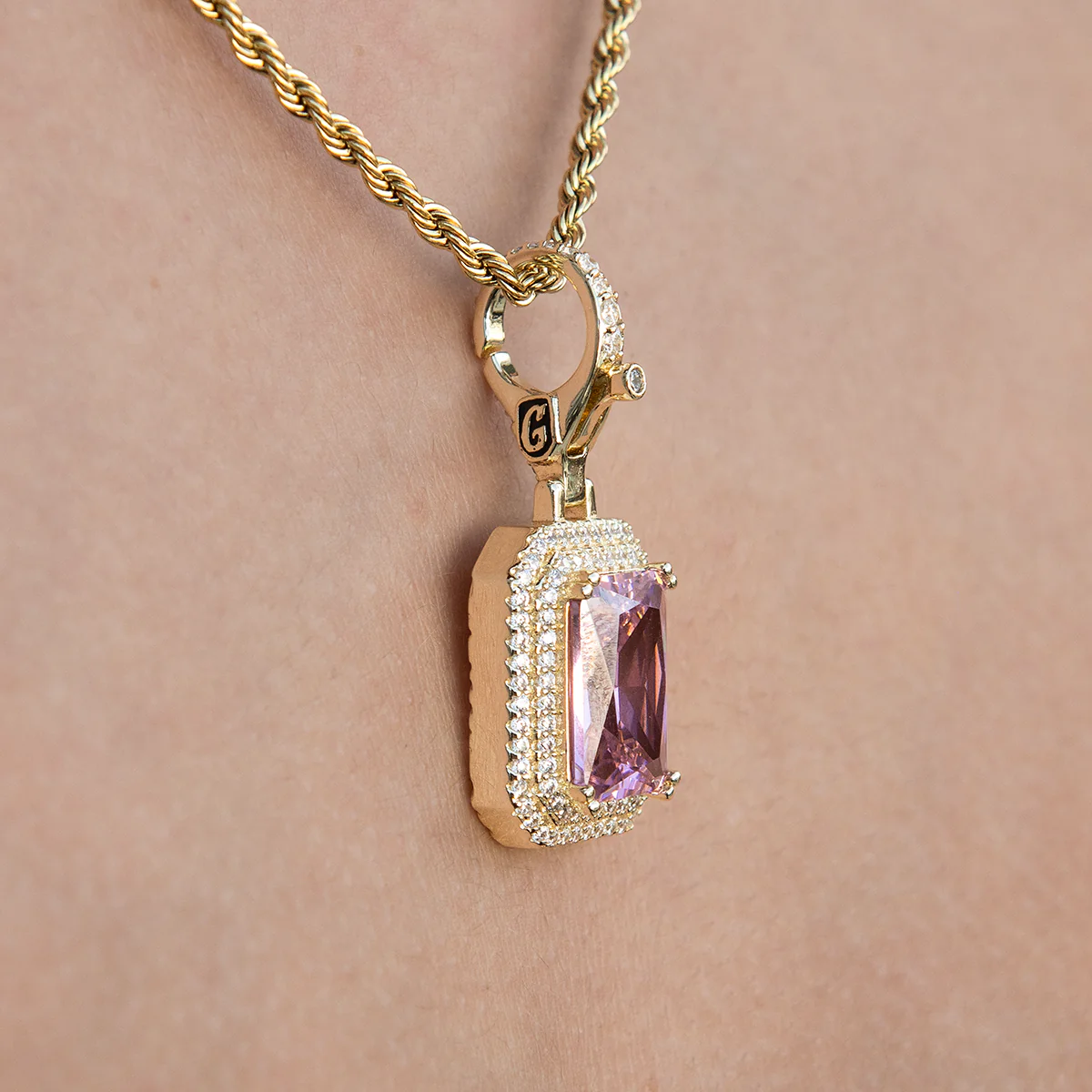 Pink Stone Clip On Charm Pendant in Yellow Gold - Image 2
