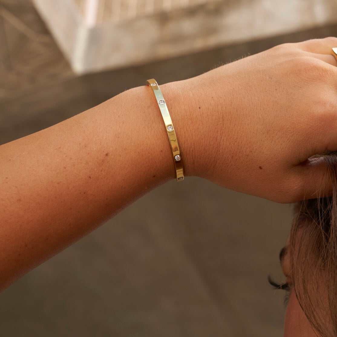Stationed Stone Open Cuff Bracelet - Yellow Gold - Image 2