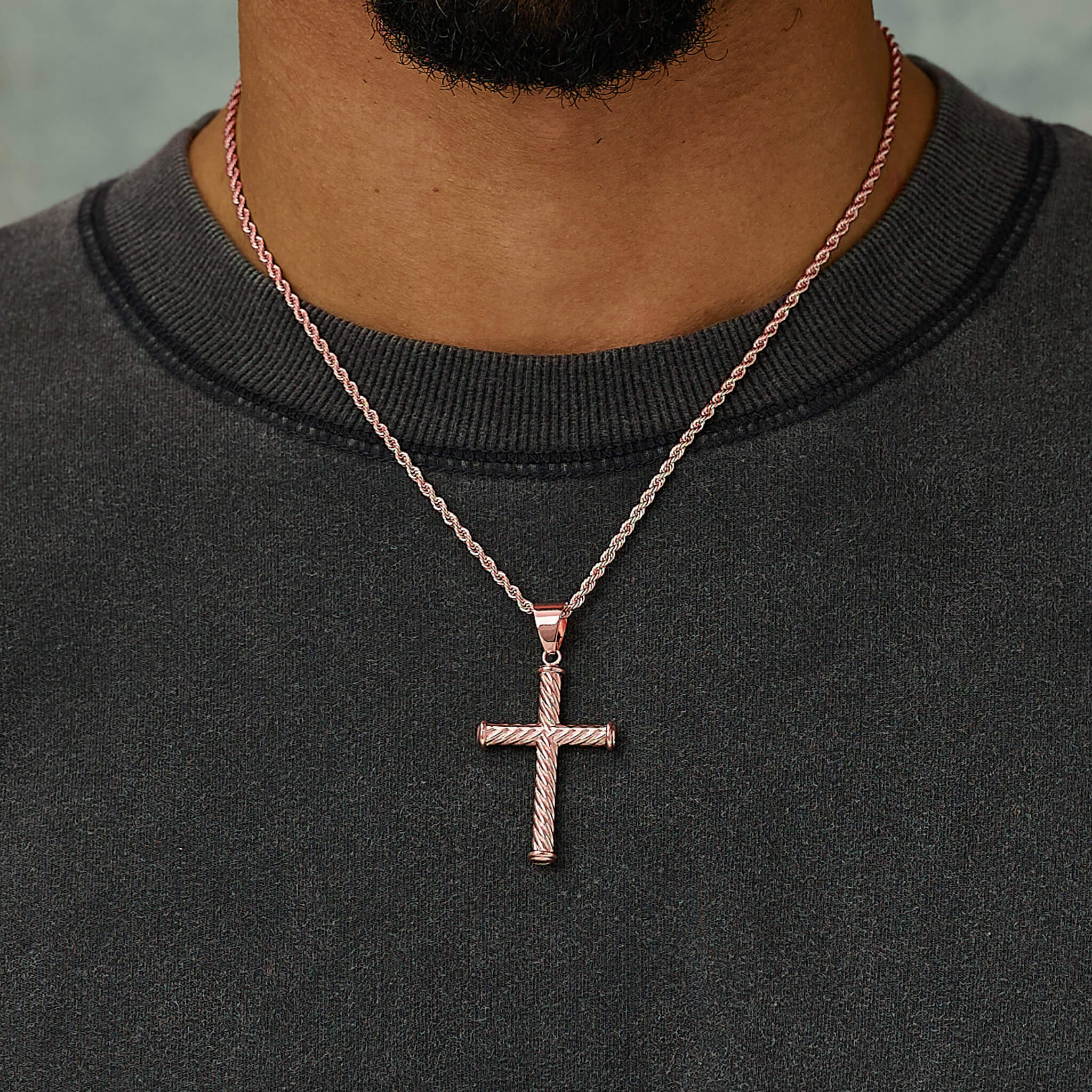 Twisted Rope Cross Pendant + 2MM Rope Chain Bundle in Rose Gold - Image 2