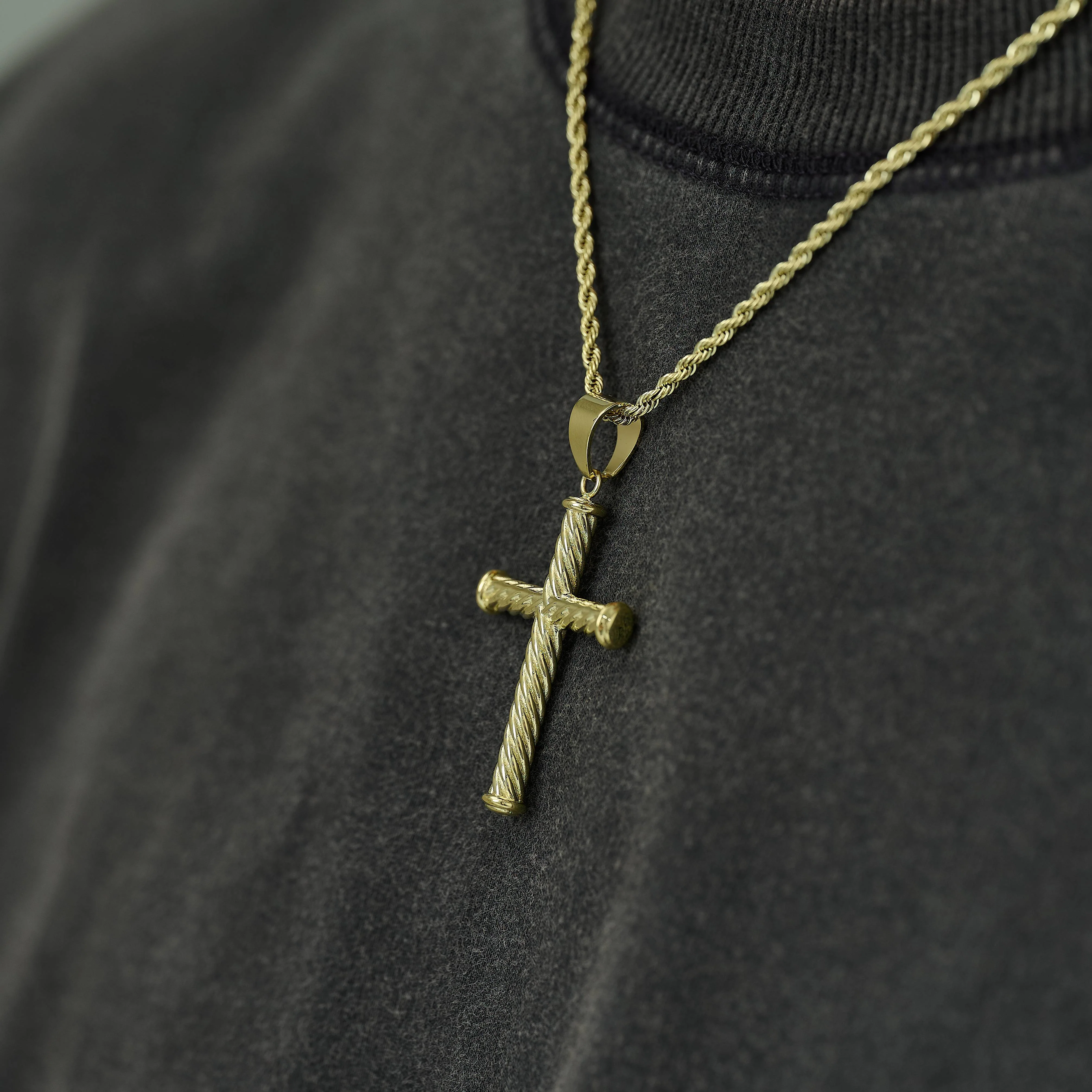 Twisted Rope Cross Pendant + 2MM Rope Chain Bundle in Yellow Gold - Image 2