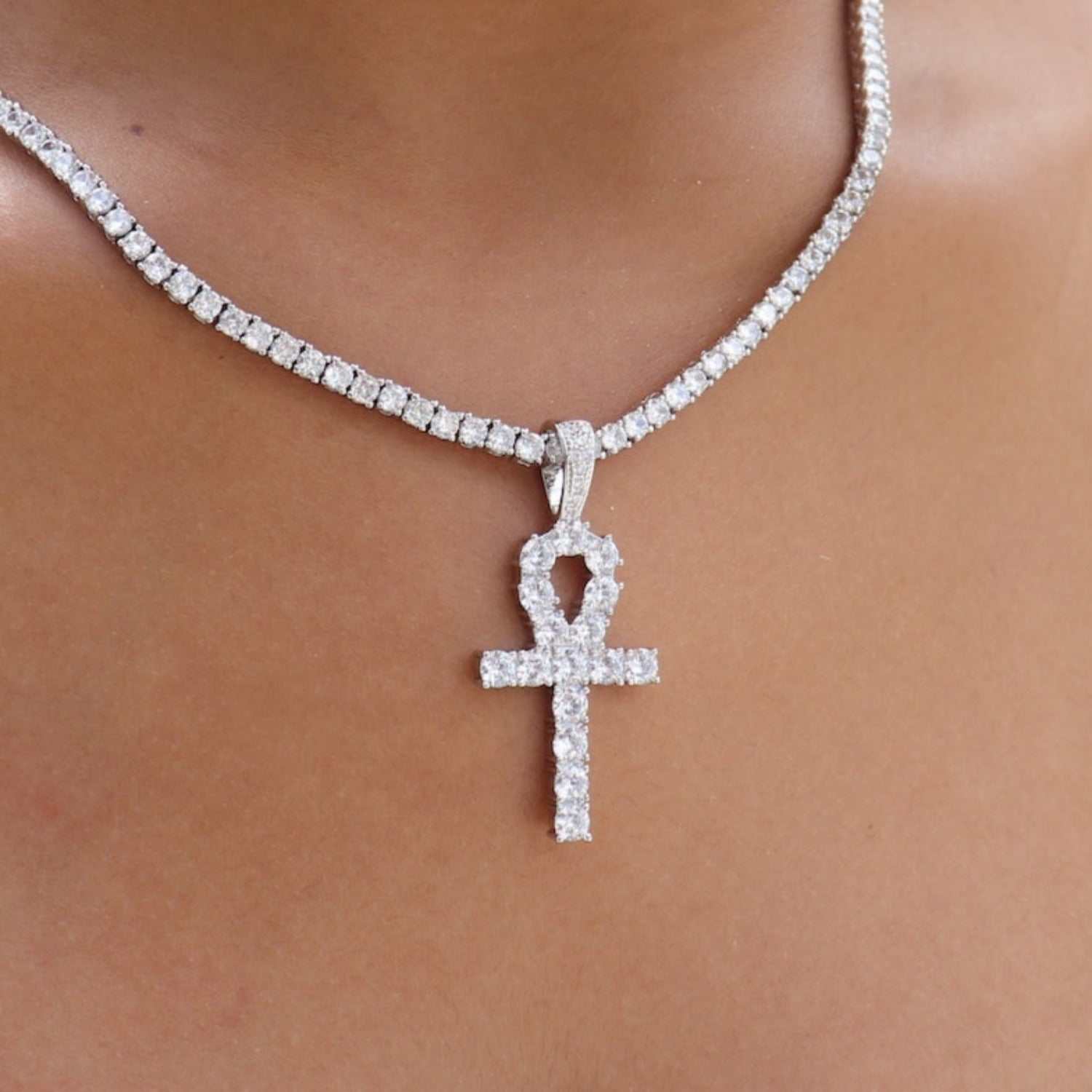 Iced Ankh Cross Pendant in White Gold - Image 3